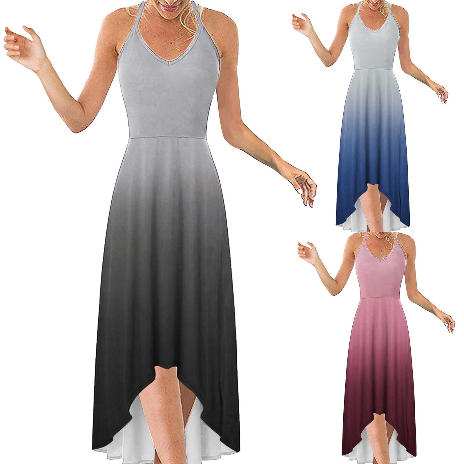 

Женское платье с градиентом цвета и легкими оборками на бретельках и сумках