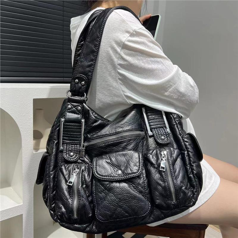 Ladies Y2K Spice Girl Multi-Pocket Locomotive Bag Large Capacity Washed Shoulder Crossbody Bag