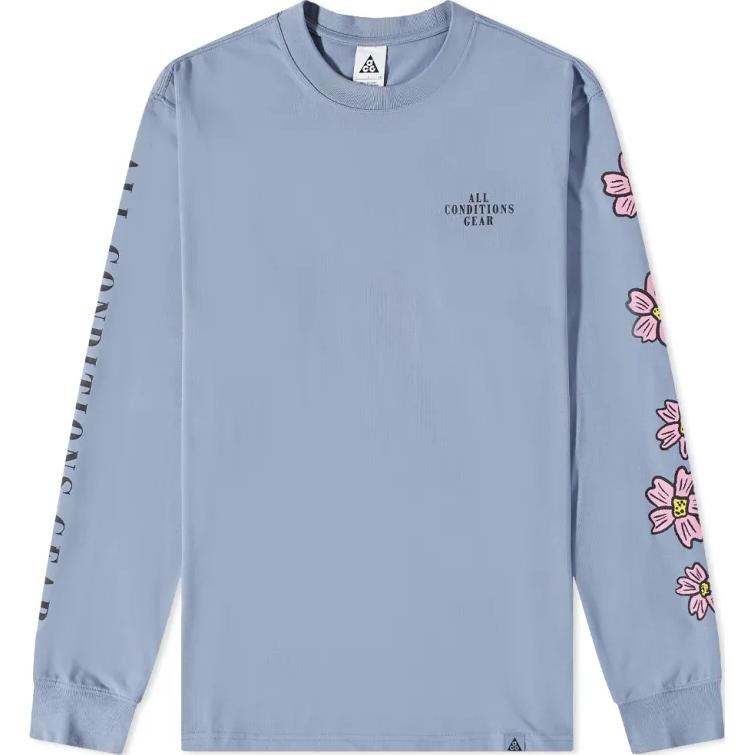 Nike Floral Print Crew Neck Long Sleeve T-Shirt Men Tops Sky-Blue DQ4958-493