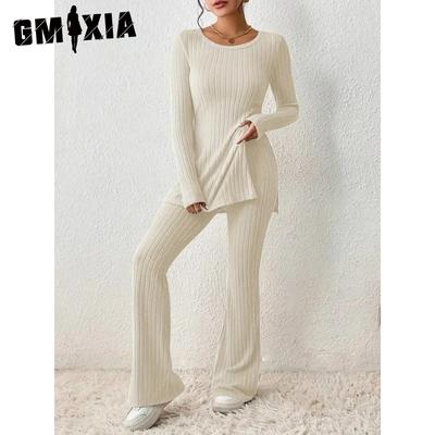 Women's Autumn and Winter Long Sleeve O-Neck Solid Color Casual Slim-fit Home Outside Wear Suit Women Suits & Sets