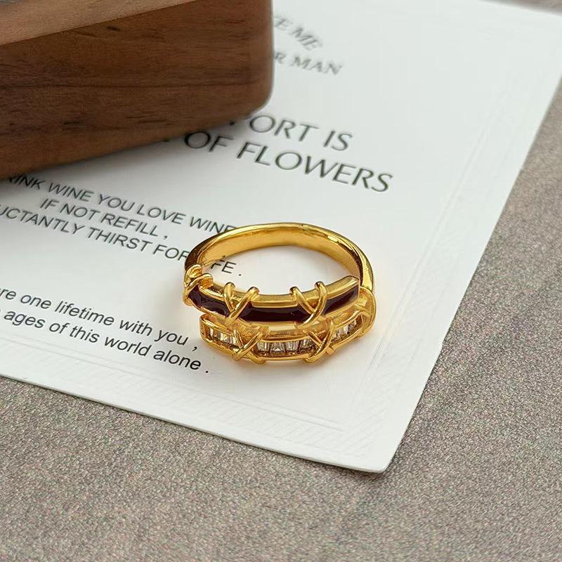 Angola Red Enamel Oil Drop Transfer H Cross Zir*****Pen Ring Niche High-End Personality Stacked Ring