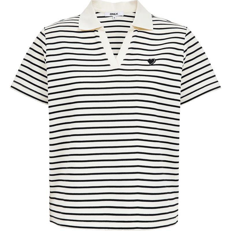 ONLY Women's Heart Embroidered Striped Lapel T-shirt