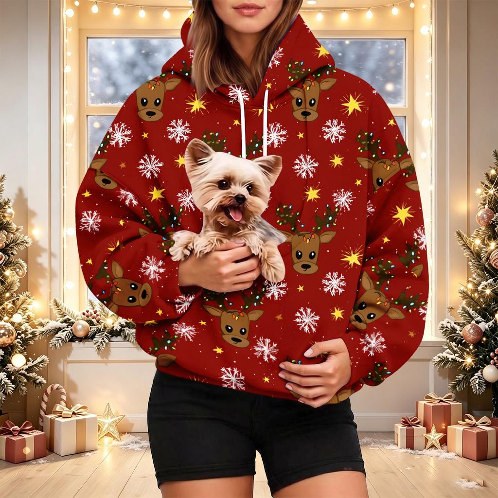 Women's Stylish Christmas Print Hoodie with Pet Pocket, Casual Holiday Pullover for Winter Wear