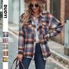 Women's Blue Orange White Checkered Shirt with Pockets, Casual Long Sleeve Plaid Top