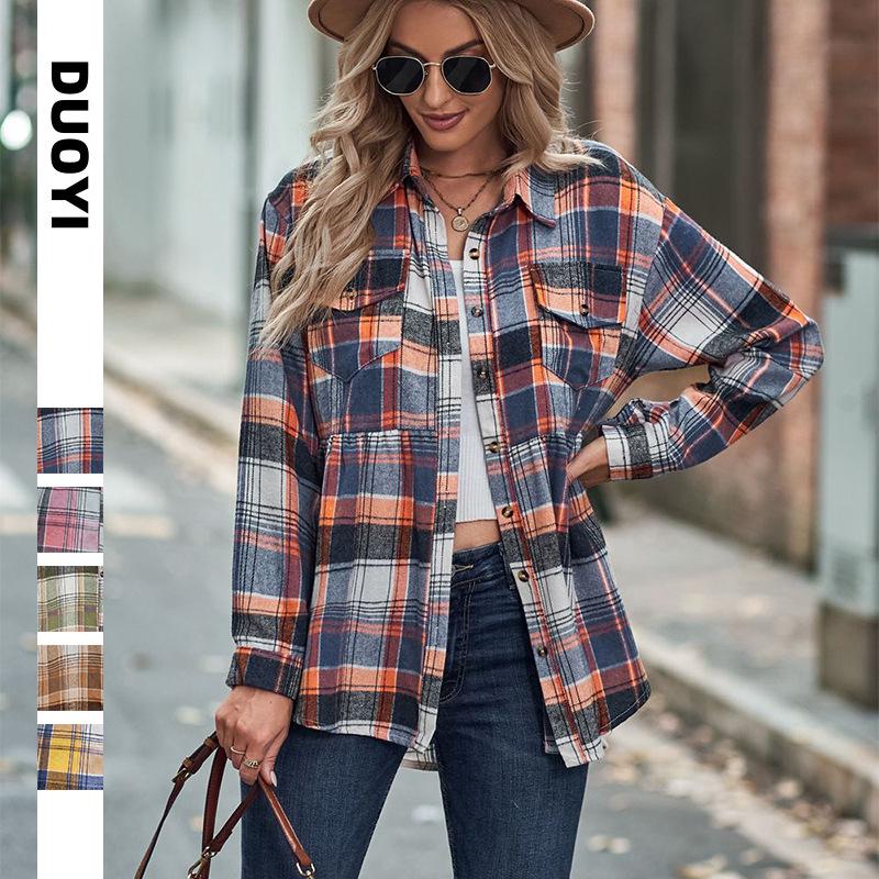 Women's Blue Orange White Checkered Shirt with Pockets, Casual Long Sleeve Plaid Top