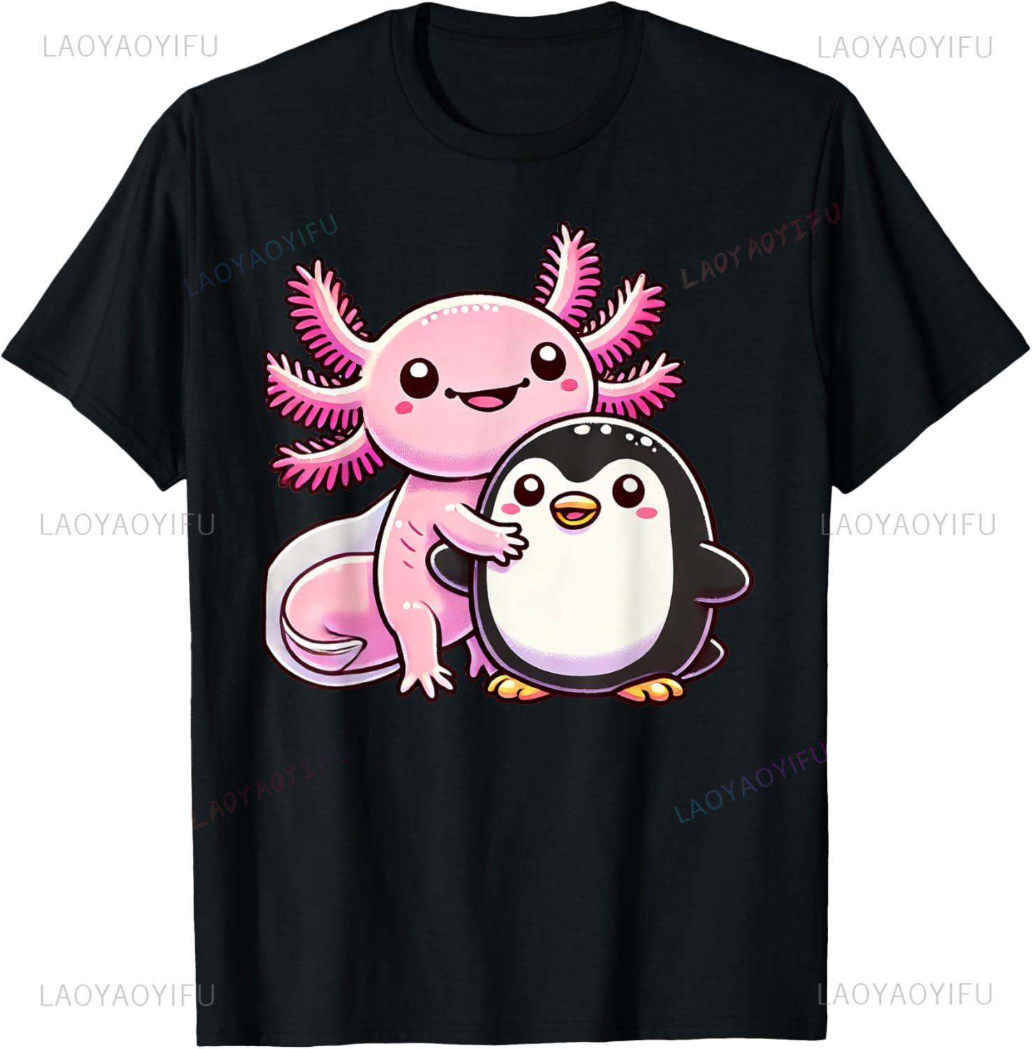 

Милая футболка с аксолотлем, обнимающим пингвина, принт Харадзюку, оригинальный дизайн, подарки, футболки, забавная футболка, печать по требованию, Y2k, рубашки 4XL