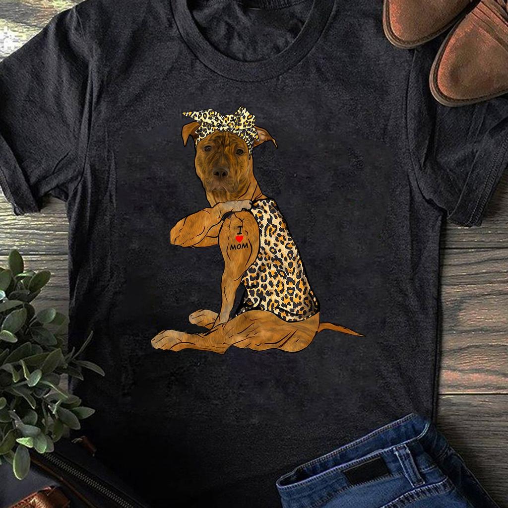 I Love Mom Tattoo Funny Brindle Dog With Bandana T-Shirt - Gift for Dog Lovers - Funny Dog - Brindle Lovers - Dog Mom Shirt