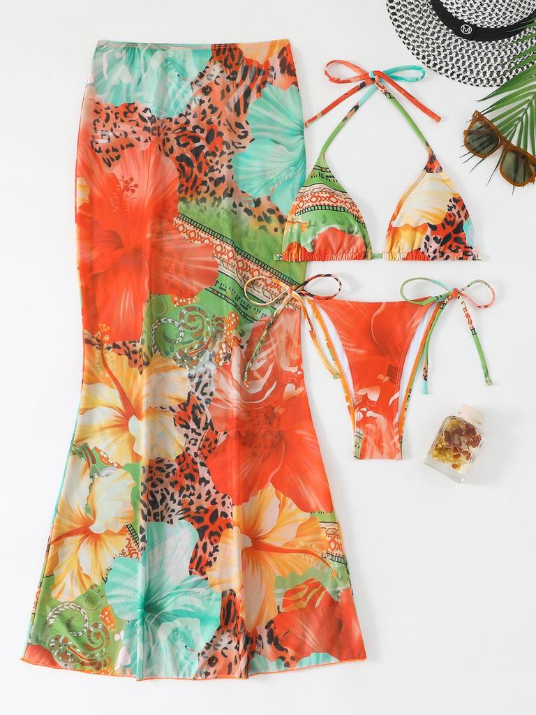 2026 European & American Women's Printed Long Skirt Split Bikini Three-Piece Swimsuit