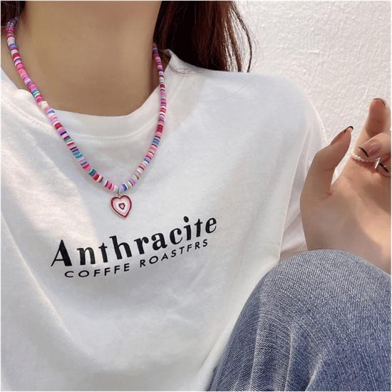 Surfer Heishi Choker Necklace for Women Soft Polymer Clay Necklace Clay Record Disc Beads Necklace Love Heart Pendant Necklace Boho Beach Necklace