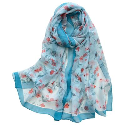 Durable Floral Print Silk Scarf Breathable Sun-Resistant Beach Shawl Smooth Silk Bandana for Women