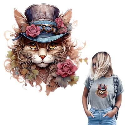 Cat With Hat Iron On Patches Flower Animal Patch Heat Transfer Diy Clothes Stickers Parches Ropa Ironing Stickers