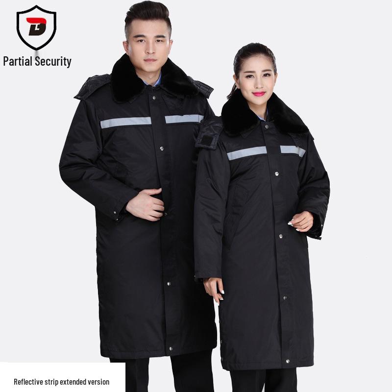 Military-Style Extra Long Reflective Winter Overcoat - Cold-Proof Security Guard Uniform with Cotton Insulation