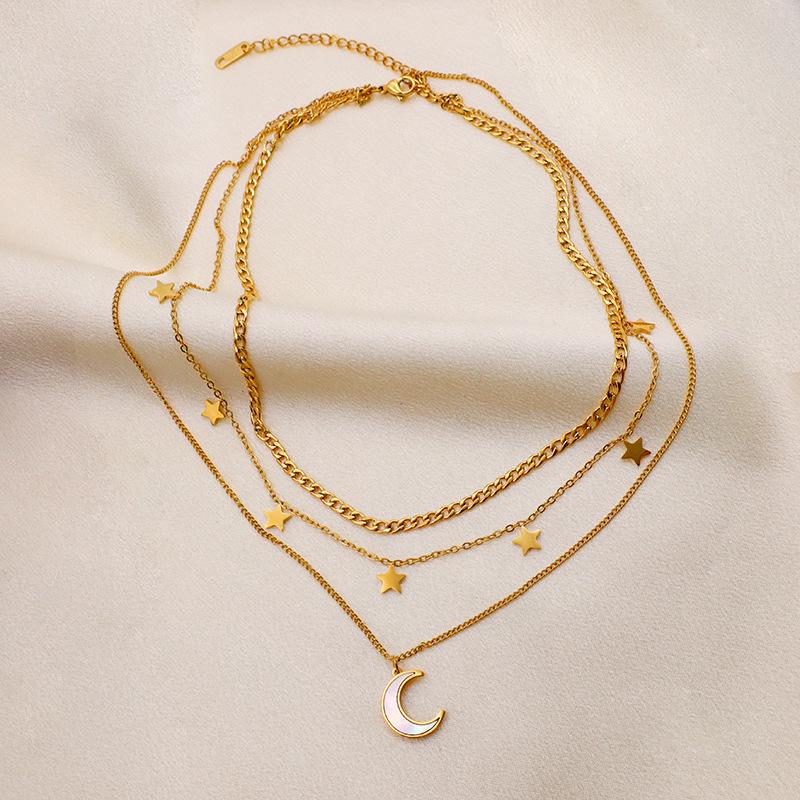 French Custom Three-Layer Stainless Steel Necklace Female, Personalized Trend Star Moon Titanium Steel Necklace