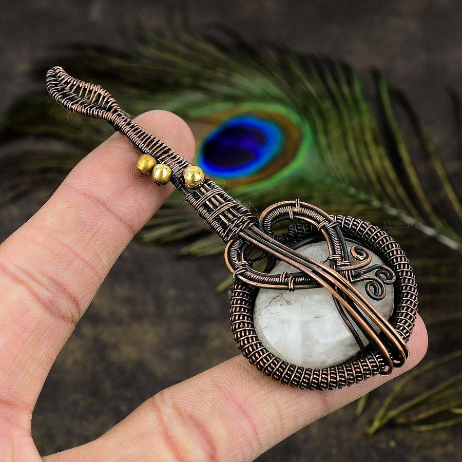 Rainbow Moonstone Handmade Copper Wire Wrap Jewelry Pendant 3.35 V1M89