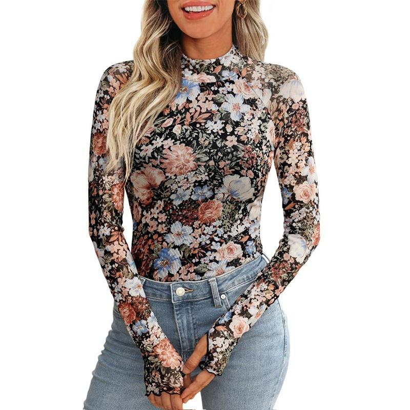 Women's Mesh Floral Print Slim Tops Long-sleeved Pullover