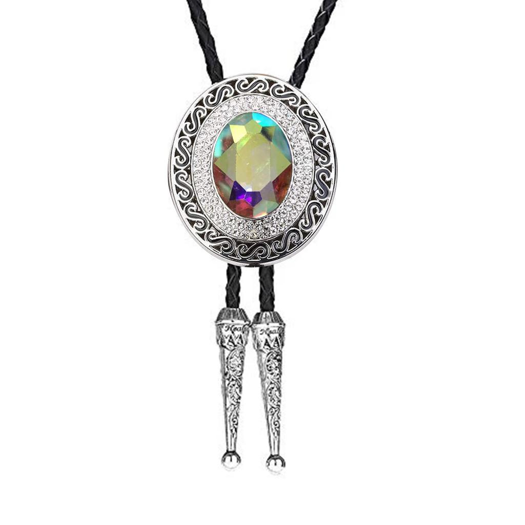 Vintage Western Cowboy Bolo Tie Crystal Necktie Punk Round Shape Necklace Costume Accessory American Bola Tie Western