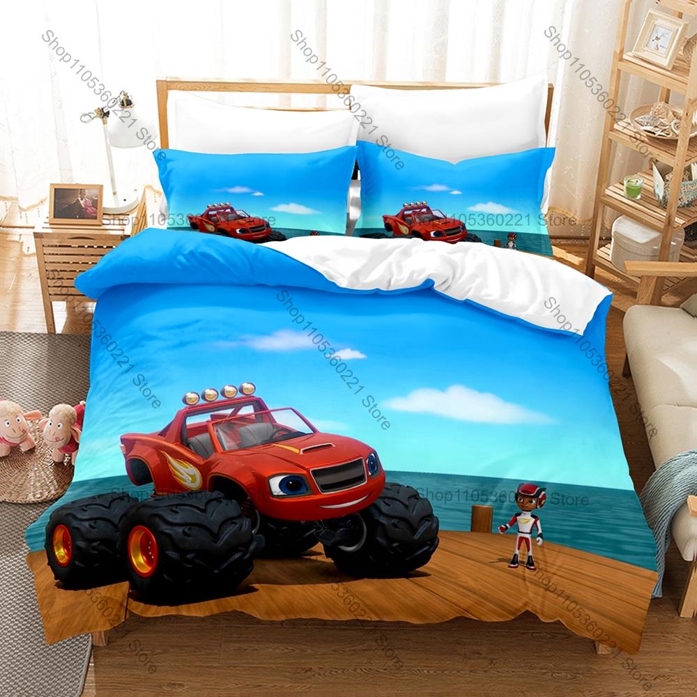 Blaze Monster Machines Theme Bedding Set 3 Pieces Kawaii Truck Print Quilt Cover Set Twin Full Queen King Size with Pillowcases