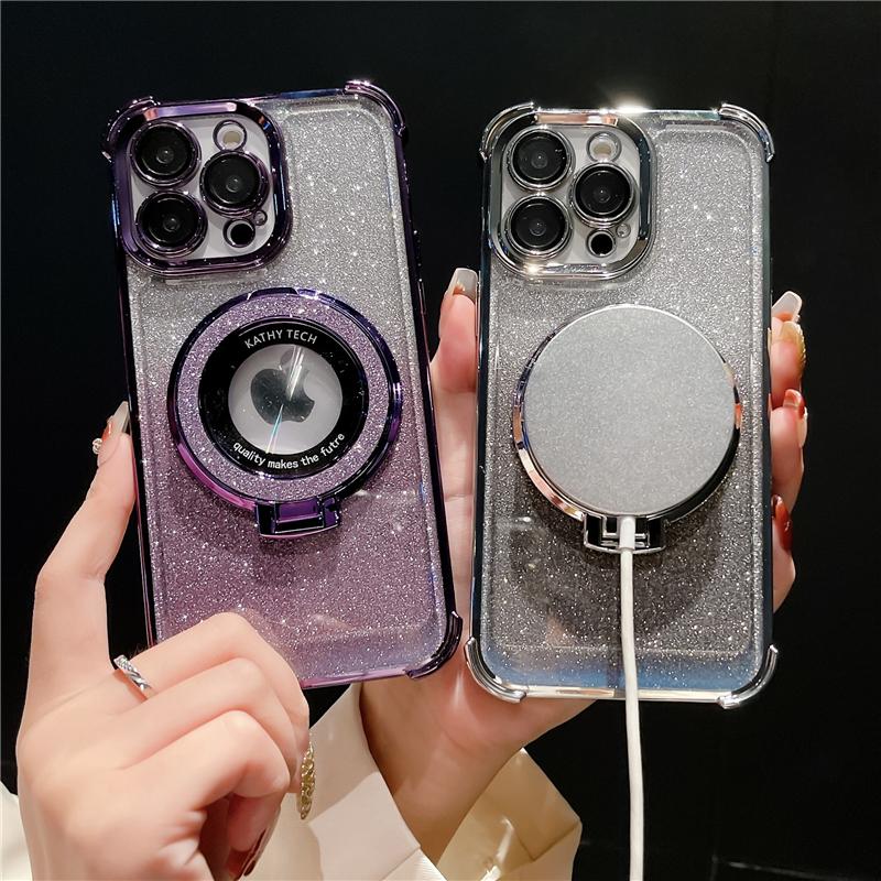 For iPhone 15 Pro Max Luxury Magsafe Magnetic Flash Plating Stand Phone Case For iPhone 11 12 13 14 16Plus Lens Protective Cover