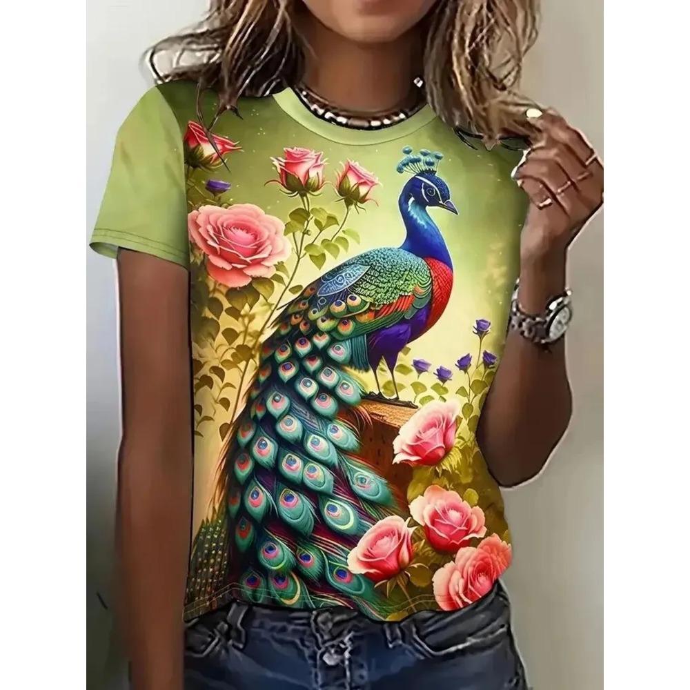 Dames T-shirt 3D Patroon Gedrukt Casual Korte Mouw Ronde Hals Top Modieuze Straat Dameskleding