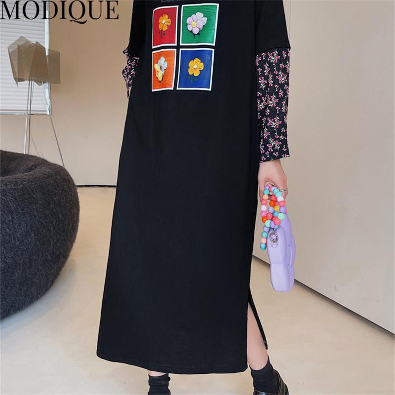 MODIQUE Jesień Plus Size Nowe Długie Sukienki Kobiety Luźne Sukienki w Słodki Nadruk Kwiatowy Kobieta Podstawowe Casual Długi Rękaw Szyty O-Neck Spódnica