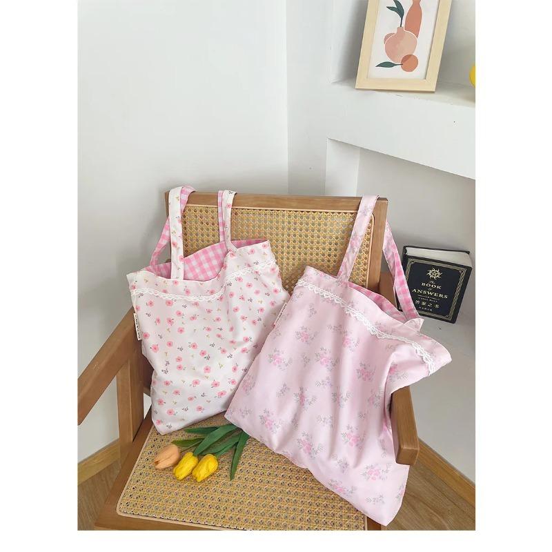 Sweet Plaid Floral Double Sided Women's Shoulder Bag Large Capacity Female Shopping Bags Casual Flower Ladies Tote Handbags