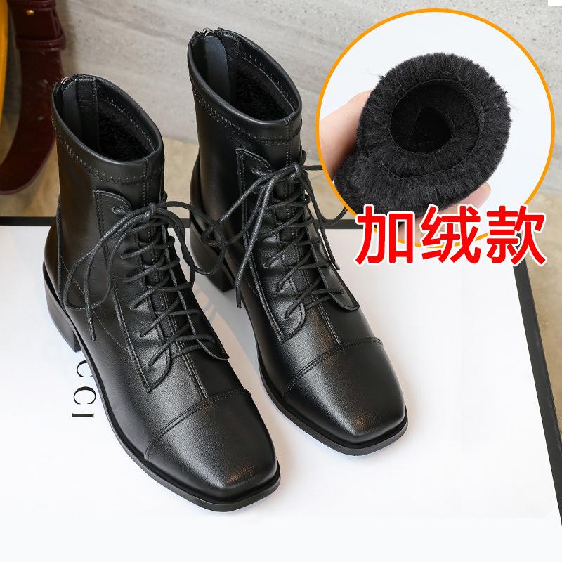 32-41 Genuine Leather Ankle Boots Comfort Women Short Boots Autumn Winter Mid Heel Square Toe Chelsea Elastic Boots For Women