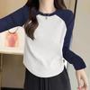 Women's Round Neck Raglan Long Sleeve T Shirt Slim Fit Color Block Patchwork Soft Fleece Pullover Basic Fall Layering Top
