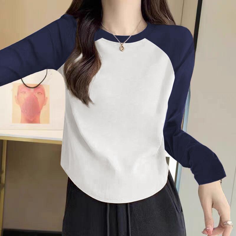 Women's Round Neck Raglan Long Sleeve T Shirt Slim Fit Color Block Patchwork Soft Fleece Pullover Basic Fall Layering Top