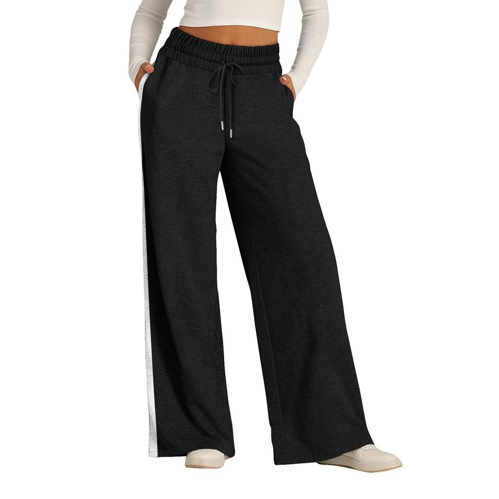 Women's Casual Fashion Solid Color Elastic Waist Drawstring Pockets Wide Leg Straight Pants
