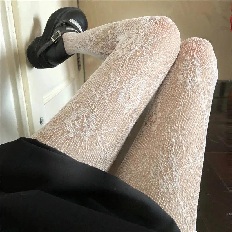 

Sexy Black White Lolita Hollowed Lace Mesh Stockings Bottomed Pantyhose Japanese Goth Floral Rattan Stocking Hot Classic Tights білий