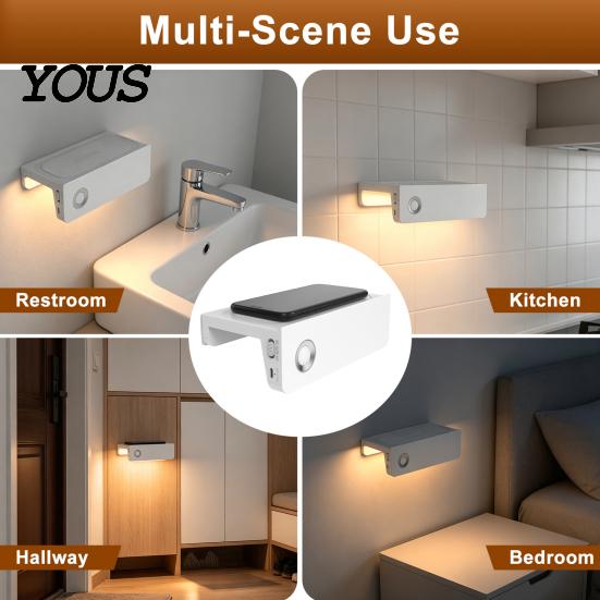 Battery Operated Wall Sconce Motion Sensor Night Light with Phone Stand, 3000K Warm Glow, 30 Degrees Downward Rechargeable Bedside Lamp Beam, No