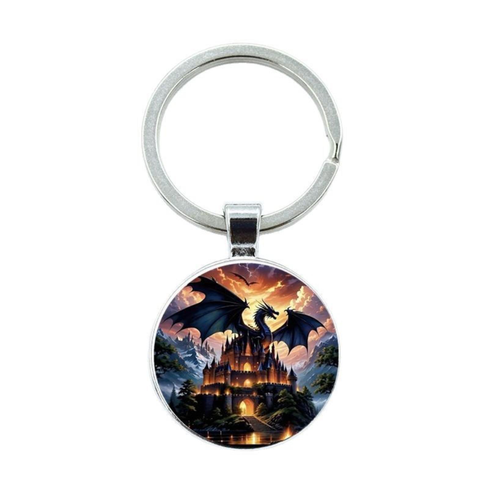

Round Alloy Keychain Pendant with Fantasy Dragon and Castle Print Metal Key Ring for Bags Backpacks Keys Accessories