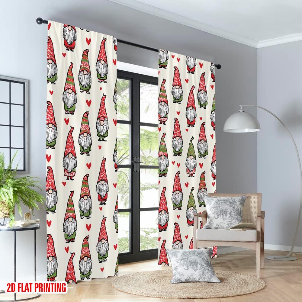 Set Of 2 Flat Printing Fashionable Christmas Curtains Gnomes Hearts Digital Printed Polyester Drapes Festive Curtain