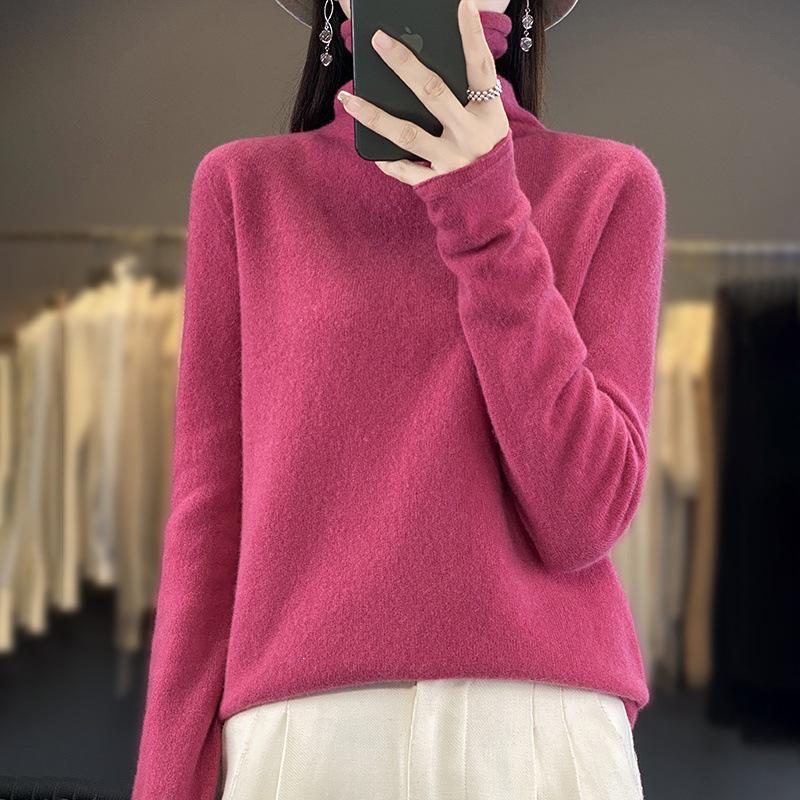 Women's Plus Size Mock Neck Wool Sweater: Soft, Skin-Friendly, Rolled Hem, Perfect for Autumn & Winter.