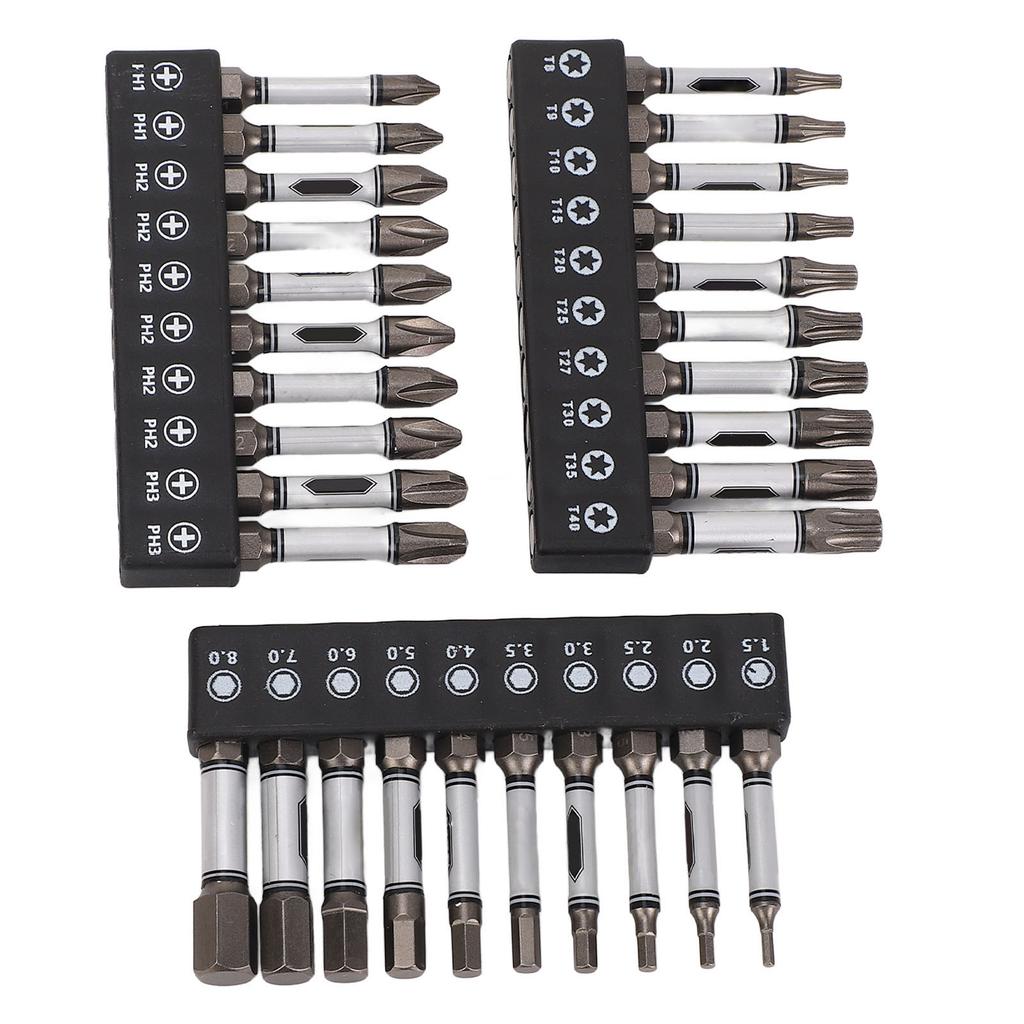 30 Stück Schlagschrauber-Bit-Set D2 Legierter Stahl Magnetisch 2 Zoll Sechskantschaft Sechskant Stern Kreuzschlitz Schrauberbit
