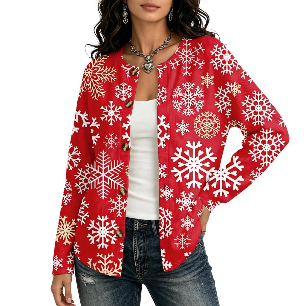 Women's Christmas Printed Long Sleeve Cardigan for Holiday Party