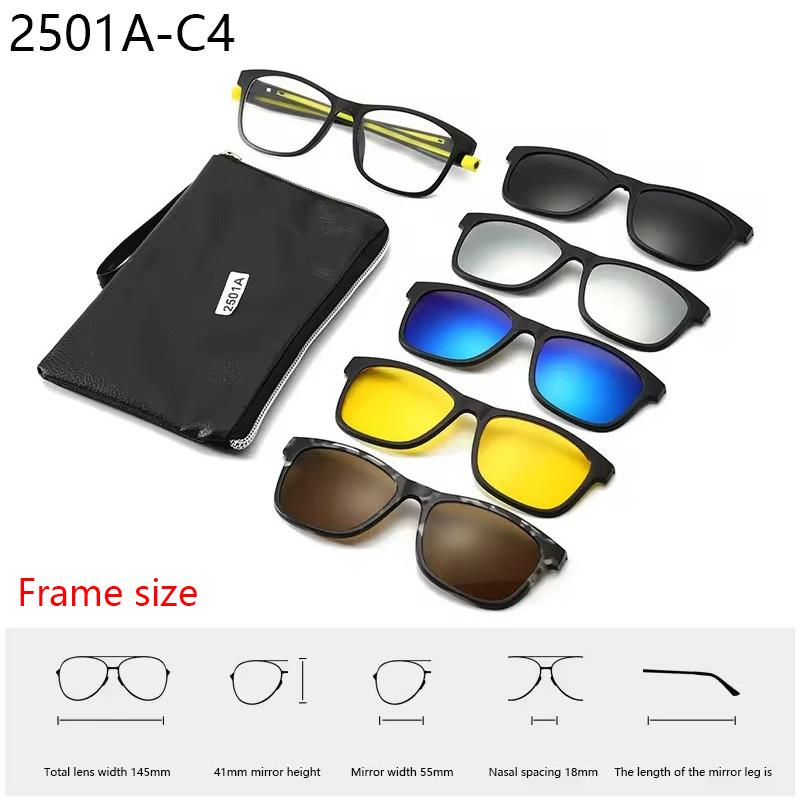 6 In 1 Spectacle Frame With 5 PCS Clip On Black Polarized Sunglasses Magnetic Telescopic Leg Glasses Male Computer Optical