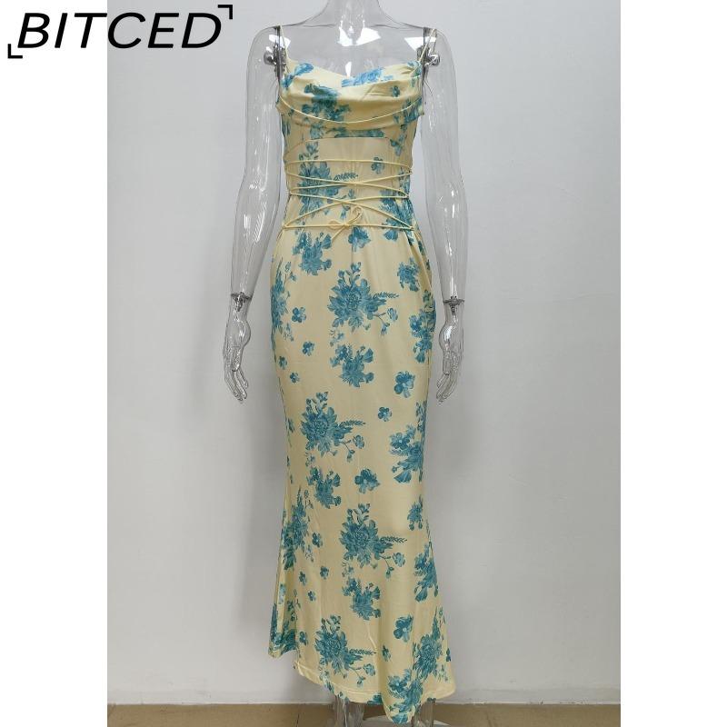 BITCED Spring Women's Fashion: Sensual Printed Strappy Waist-cinching Bodycon Maxi Halter Neck Dress