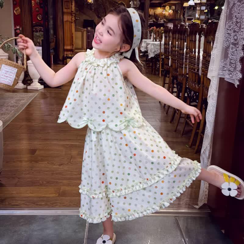 MIMIHELLO Girls  Polka Dot Halter Top & Skirt Set 110 светло-зеленый