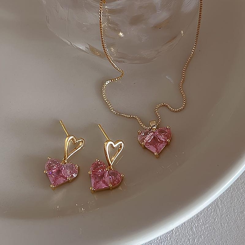 Luxury Pink Heart Pendant Necklace and Earrings Set, Sexy Y2K Trend Fashion Jewelry, Zinc Alloy, Daily & Party Wear - Ideal Valentines Gift for Her -