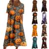 Women's Casual Halloween Printed Dress Short Sleeve Round Neck Pocket Midi Dress Plaid Pattern Comfortable Fit