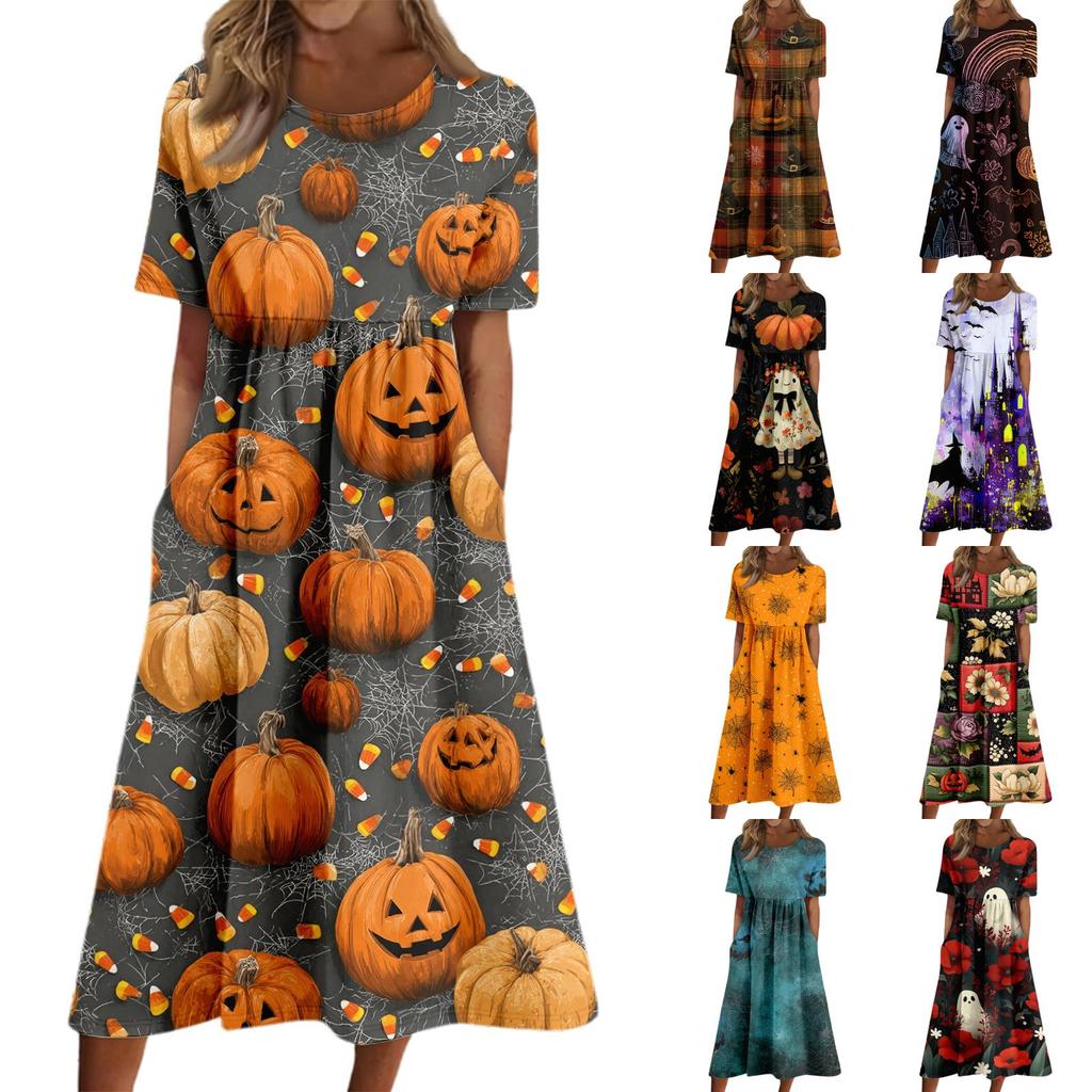 Women's Casual Halloween Printed Dress Short Sleeve Round Neck Pocket Midi Dress Plaid Pattern Comfortable Fit