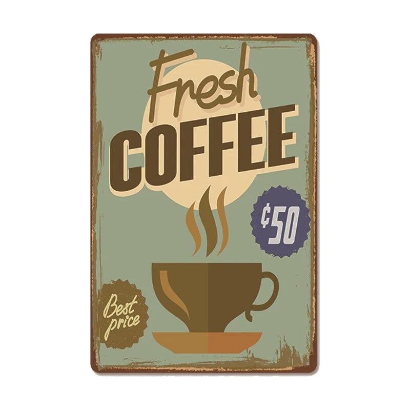 Vintage Fresh Coffee Plaque Metal Tin Sign Retro Drink Coffee Poster Wall Stickers for Cafe Shop Restaurant Home Room Decor