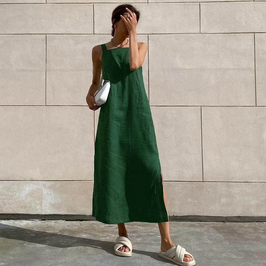 Green Tank Dresses Summer Cotton Linen Sleeveless Straight Split Dress 2026 All-Match Midi Dress Vacation Style Lady