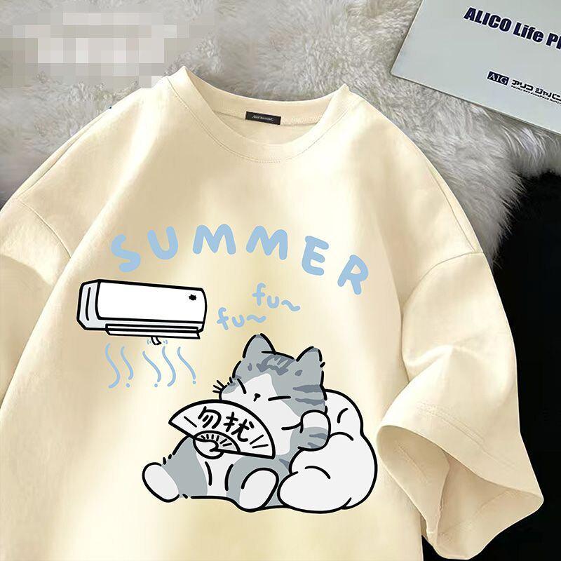 Children's Summer Cute Cat Cotton T-Shirt - Girls' Medium/Large, Boys' Trendy Brand, Short-Sleeved