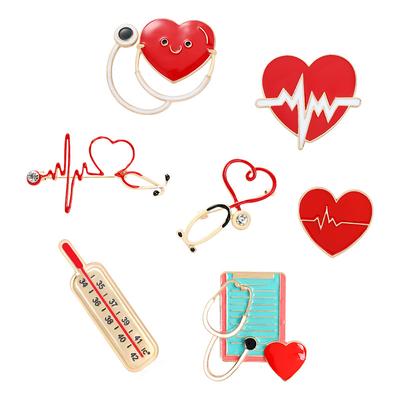 New Creative Medical Medicine Equipment Brooch Pin Stethoscope Electrocardiogram Heart Shaped Pin Brooches Lapel Jewelry