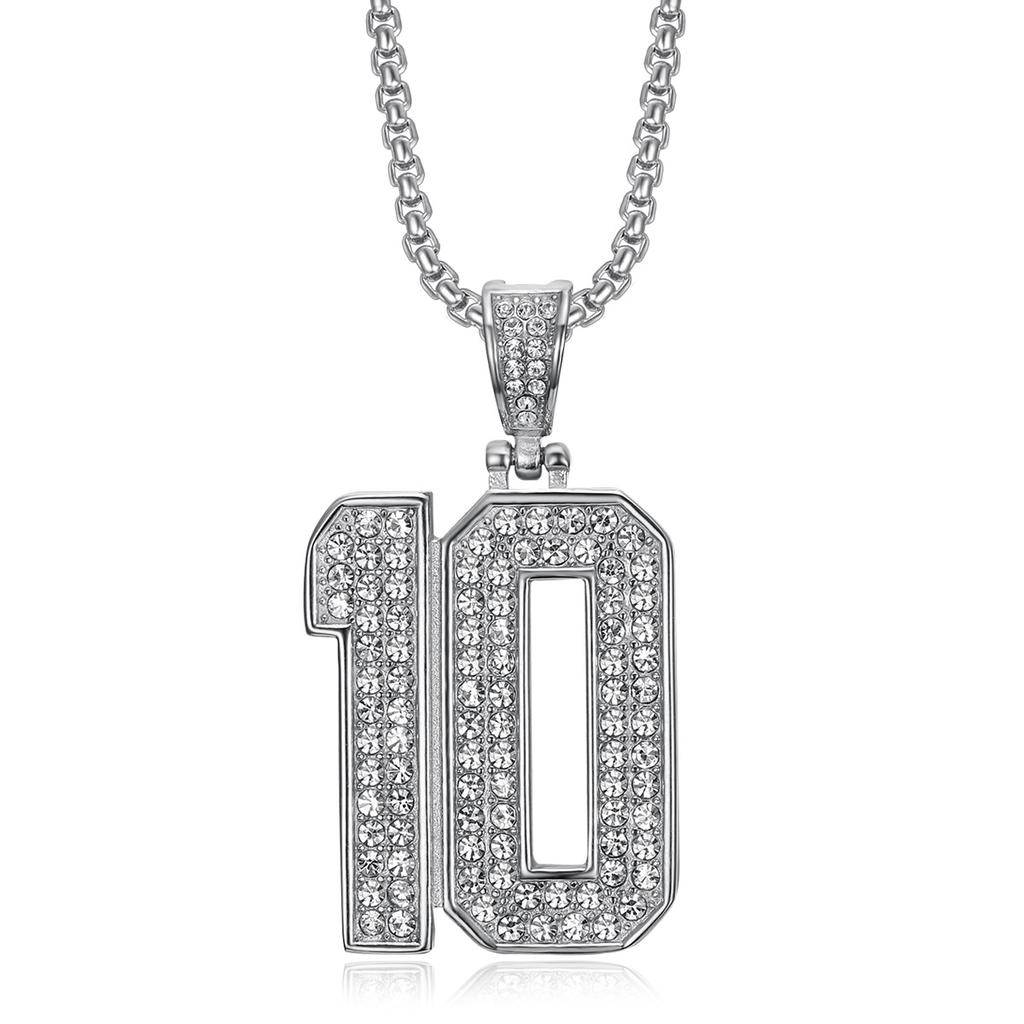 Hip Hop Gold Plated Stainless Steel Number 10 Iced Out Pendant Necklace Trendy Street Jewelry