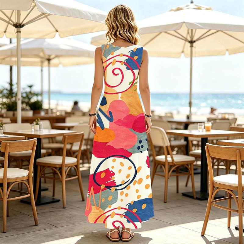 Women's Abstract Art Beach Maxi Dress Sleeveless,Colorful,Flowy Hem,Soft Fabric,Flattering for Vacations,Photoshoots,Casual Everyday Wear,Versatile