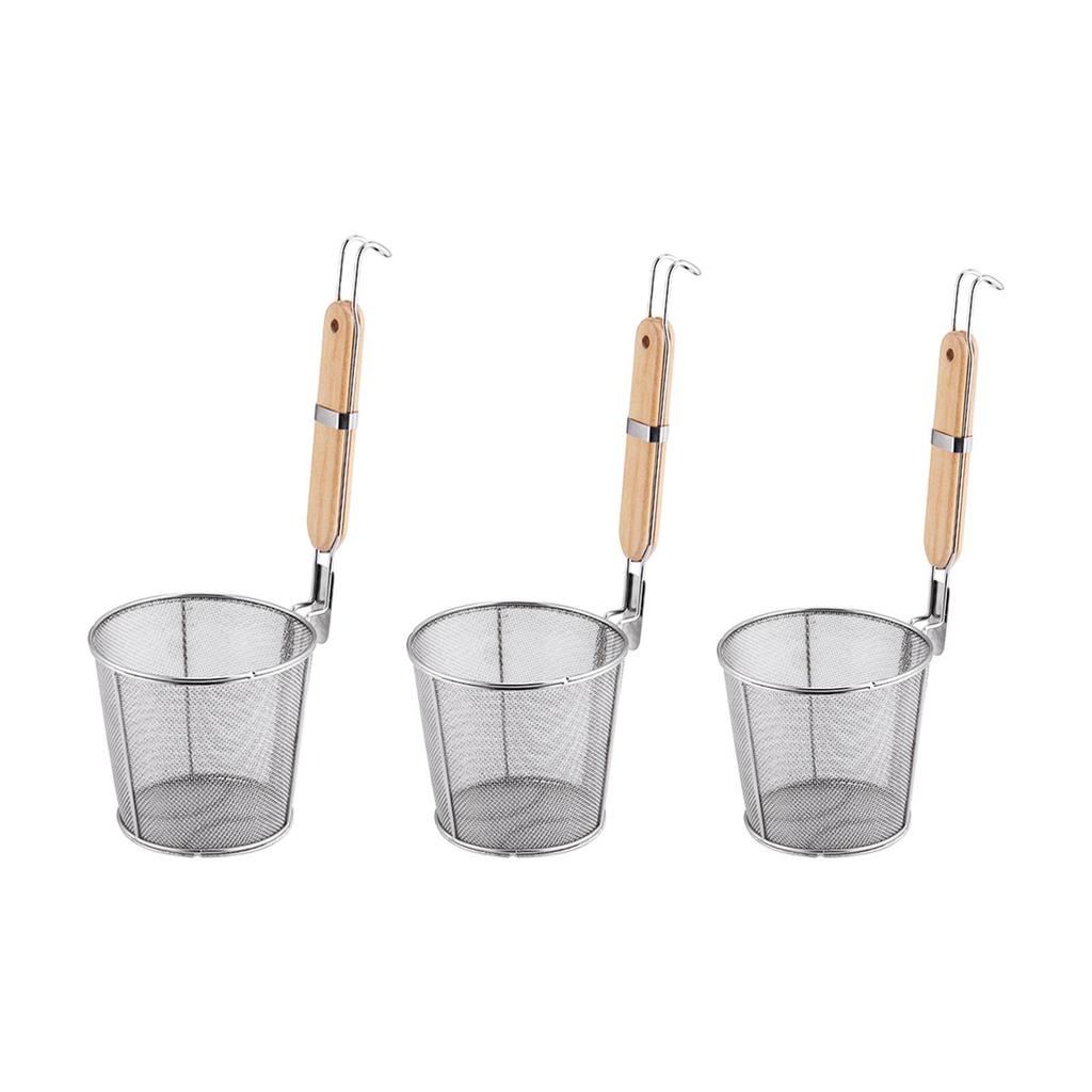 Stainless Steel Pasta Strainer,Kitchen Mesh Strainer with Wood Handle,Frying Food Basket for Cooking Noodles Kitchen Barbecue