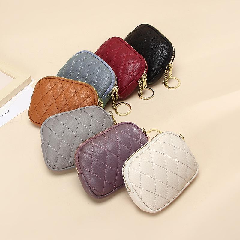 Genuine Leather Diamond Pattern Coin Purse & Keychain Wallet